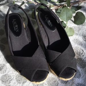 Ralph Lauren Black Sling Back Wedges Peep Toe SZ 8